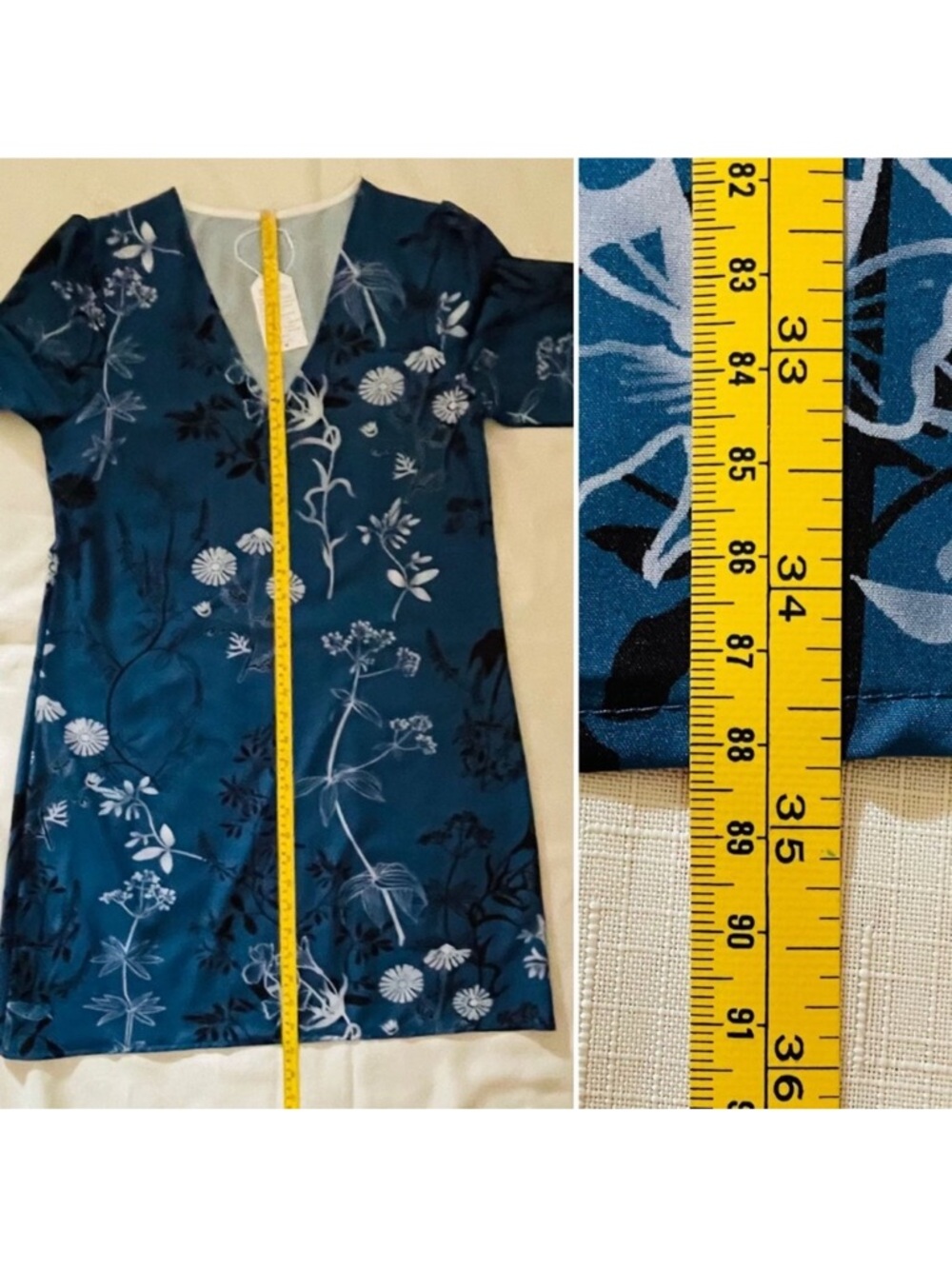 Floral V-Neck Mini Dress Sz Medium with Puff Sleeves Eco-Friendly Blue Botanical - Picture 6 of 6